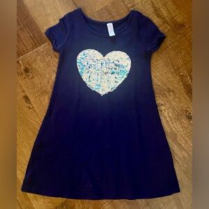 Justice girls flip sequin heart dress “girls unite” Sz 6/7 blue silver